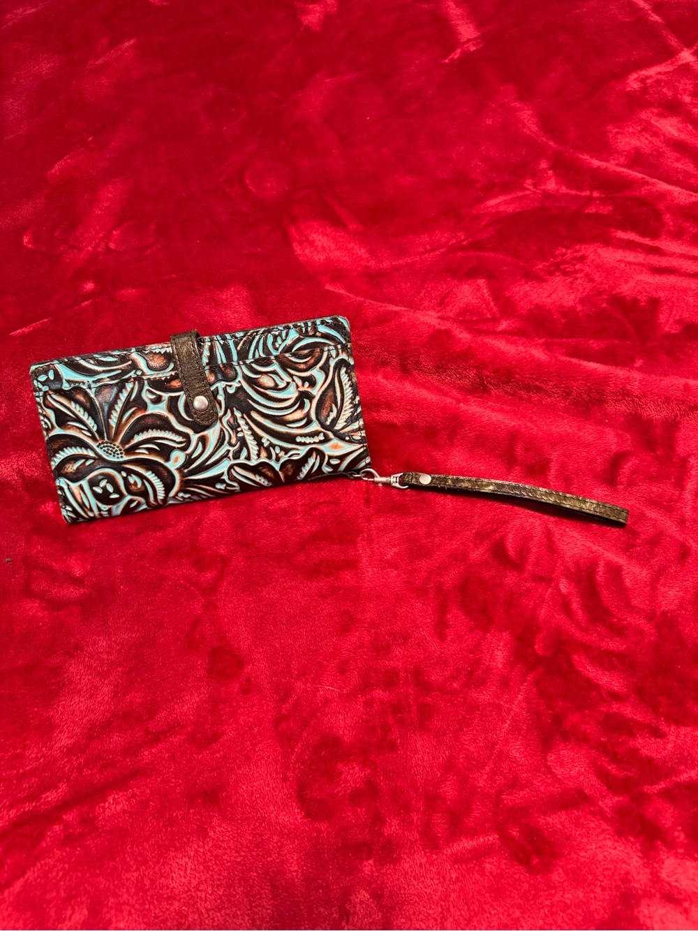 Patricia Nash Tooled Turquoise Brown Embossed Wristlet